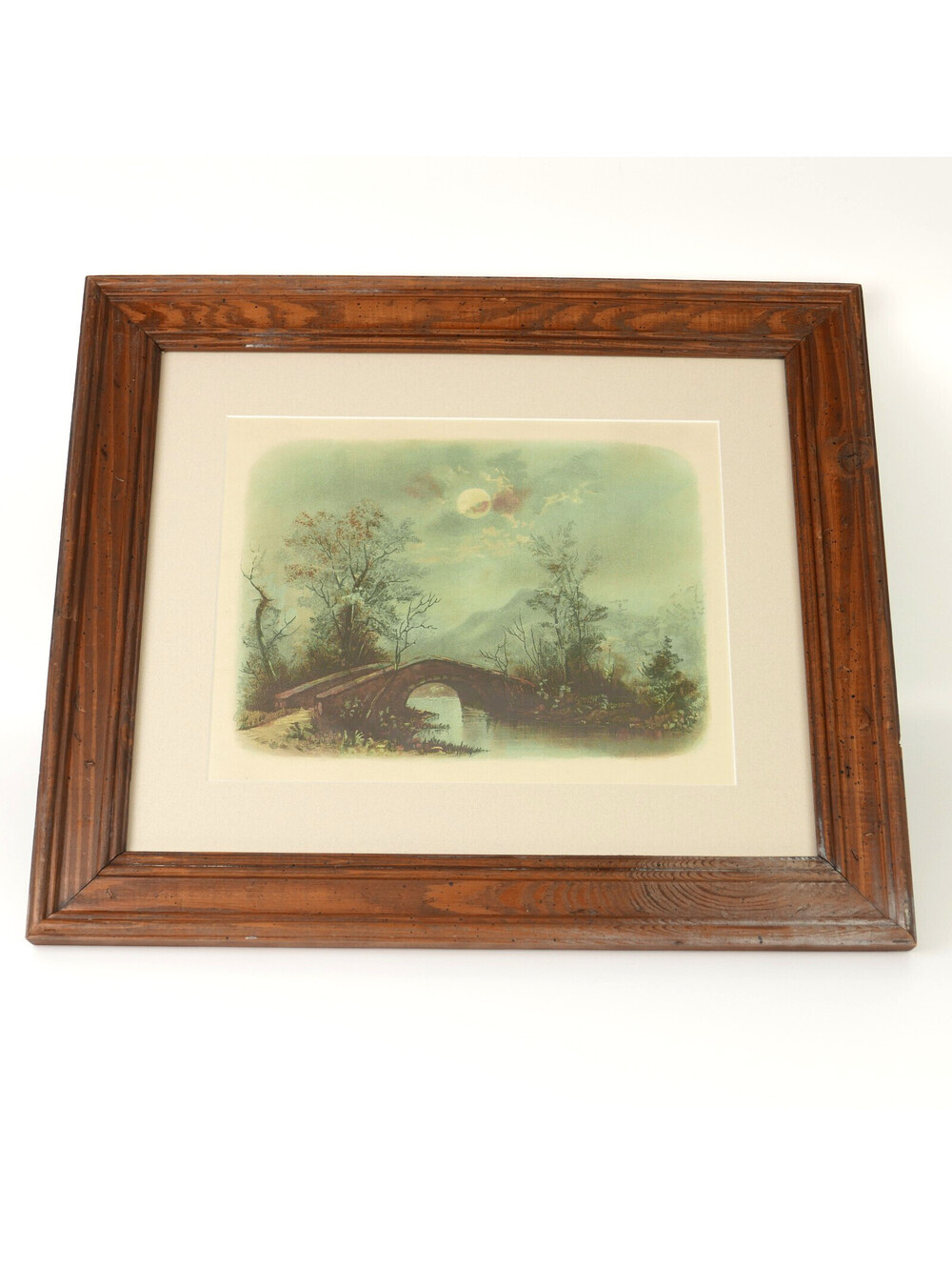 Antique Chromolithograph Print J. Hoover & Sons Moonlit Stone Bridge Framed